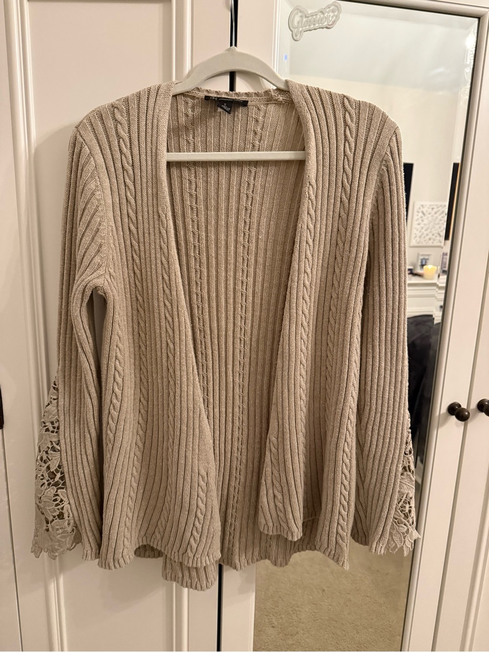 INC International Concepts Beige Cable Knit Open-Front Cardigan with Lace Cuffs